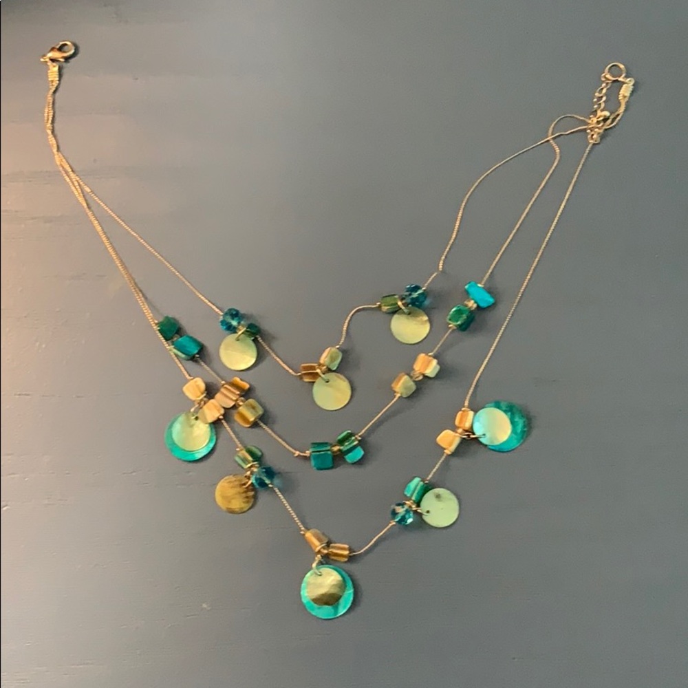 3 strand shell & stone turquoise silver necklace